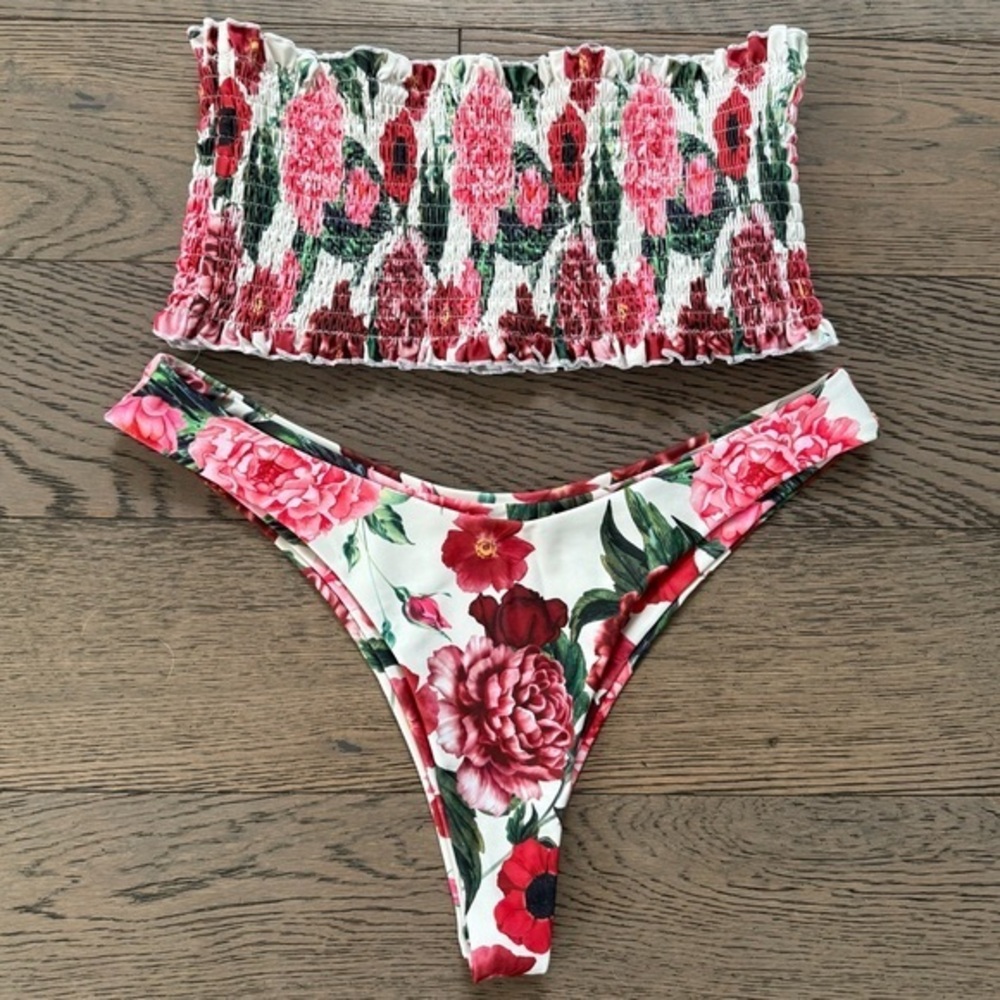 Zaful Floral Smocked Bandeau Bikini Top and Bottoms